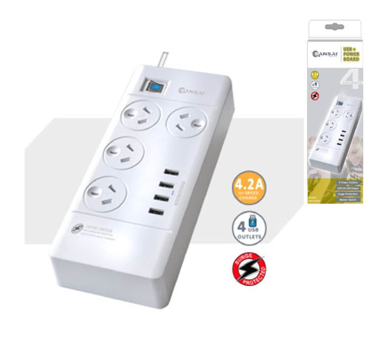 Sansai 4 Outlets & 4 USB Outlets Surge Protected Powerboard Master On/Off switch 1M lead & Right angle plug 230-240VAC