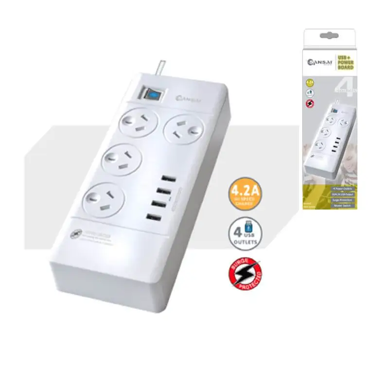 Sansai 4 Outlets & USB Surge Protected Powerboard Master On/Off switch 1M lead Right angle plug 230-240VAC IV Retail box