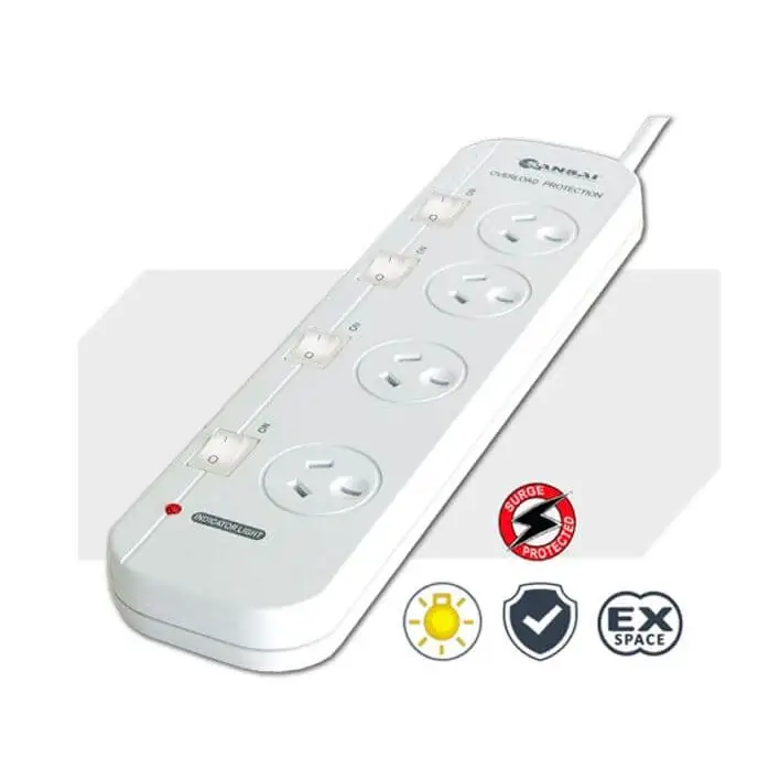 Sansai 4-Way Board (421SW) with Individual Switches and Surge Protection 2 Extra Spaced Sockets Indicator Light 100CM