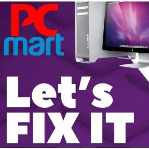 PC Mart logo with a computer monitor, featuring the slogan 'Let's Fix It' on a purple background.