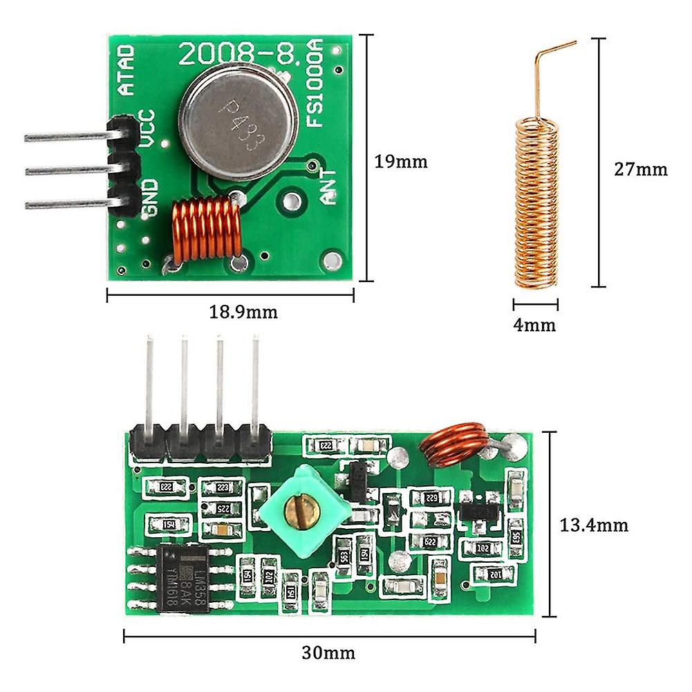 Modulo ricevitore wireless RF 433 MHz e kit modulo trasmettitore 433 MHz + 2 pezzi Antenna a molla RF 433 M Hz compatibile per Arduino