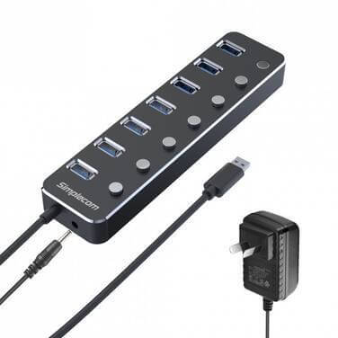 Simplecom CH375PS Aluminium 7 Port USB 3.0 Hub w/Individual Switches & Power Adapterconsumables