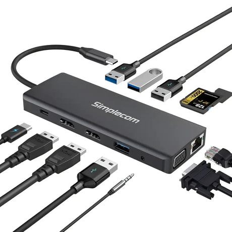 Simplecom CHN612 USB-c 12-in-1 Multiport Docking Station Dual HDMI & VGA Triple Display Gigabit LAN