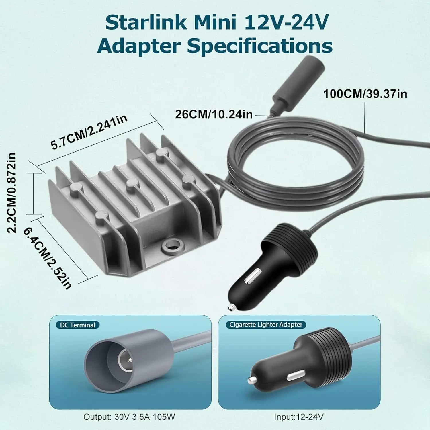 Starlink Mini Car Adapter Power Cord - 12/24V (9-28V) to 30V 3.5A DC Step-Up Converter with Cigarette Lighter Plug &