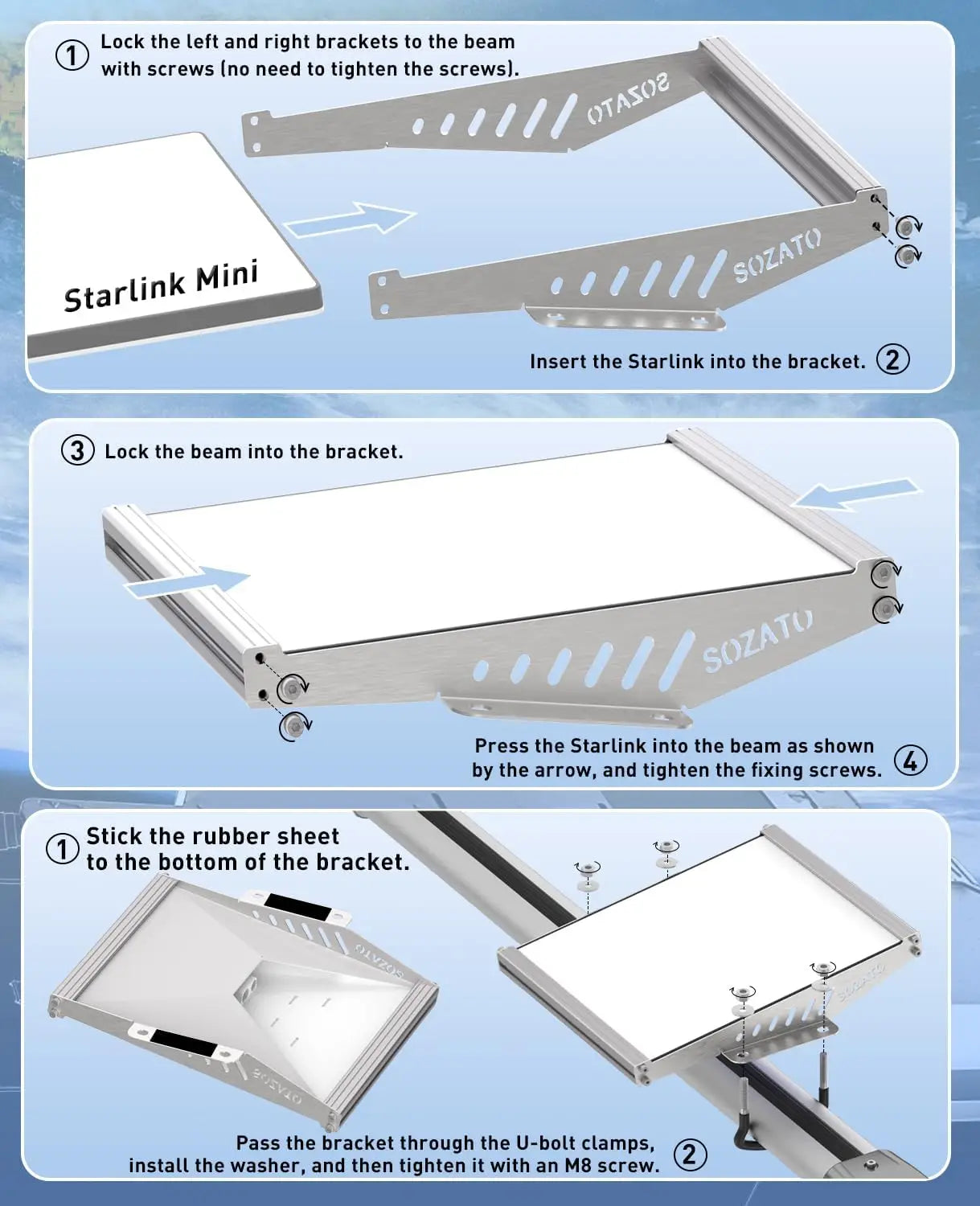 Starlink Mini Car Mount Roof Rack Mounting Kit with Full Metal Protection Shock-Absorbing Foam Adjustable U-Bolt Clamps