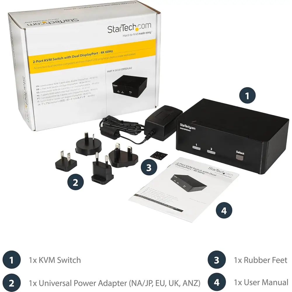 StarTech DisplayPort KVM Switch - 2 Port - Dual-Display - 4k 60hz - USB Hub - Audio and Microphone