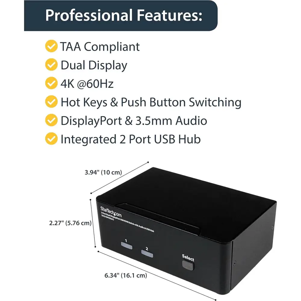 StarTech DisplayPort KVM Switch - 2 Port - Dual-Display - 4k 60hz - USB Hub - Audio and Microphone