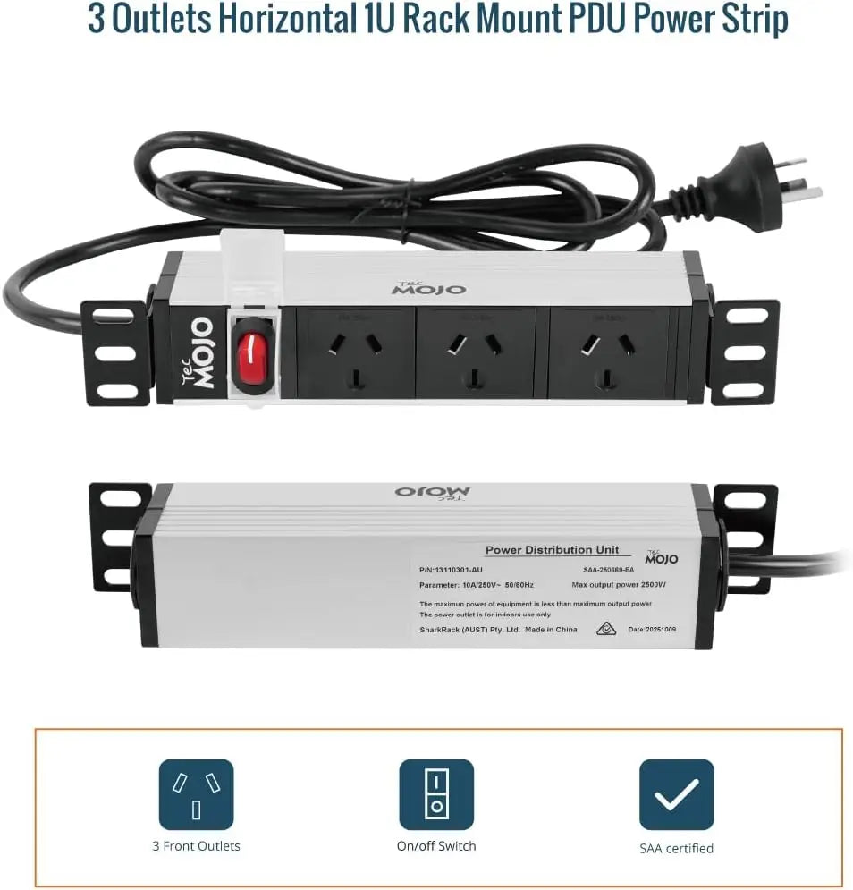 Tecmojo 10 Inch Rack Mount PDU 1U 3 Outlets Power Strip with Reversible Mounting Plate Distribution Unit for Server