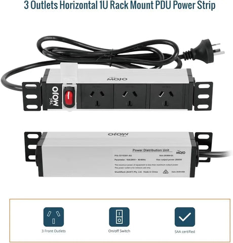 Tecmojo 10 Inch Rack Mount PDU 1U 3 Outlets Power Strip with Reversible Mounting Plate Distribution Unit for Server