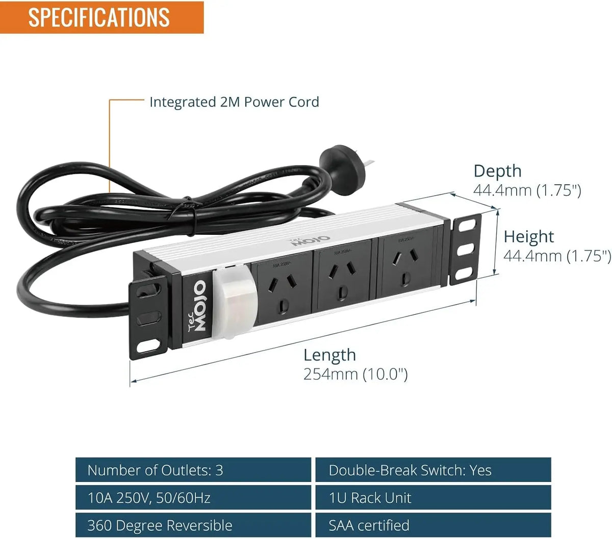 Tecmojo 10 Inch Rack Mount PDU 1U 3 Outlets Power Strip with Reversible Mounting Plate Distribution Unit for Server