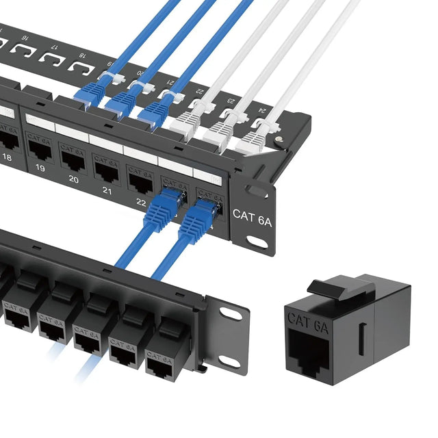 Tecmojo 1U 24 Port CAT6A Patch Panel 19 inch UTP Rack Mount with Inline Keystone 10G Support Pass-Thru Coupler