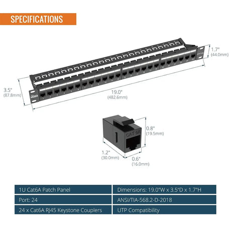 Tecmojo 1U 24 Port CAT6A Patch Panel 19 inch UTP Rack Mount with Inline Keystone 10G Support Pass-Thru Coupler