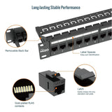 Tecmojo 1U 24 Port CAT6A Patch Panel 19 inch UTP Rack Mount with Inline Keystone 10G Support Pass-Thru Coupler