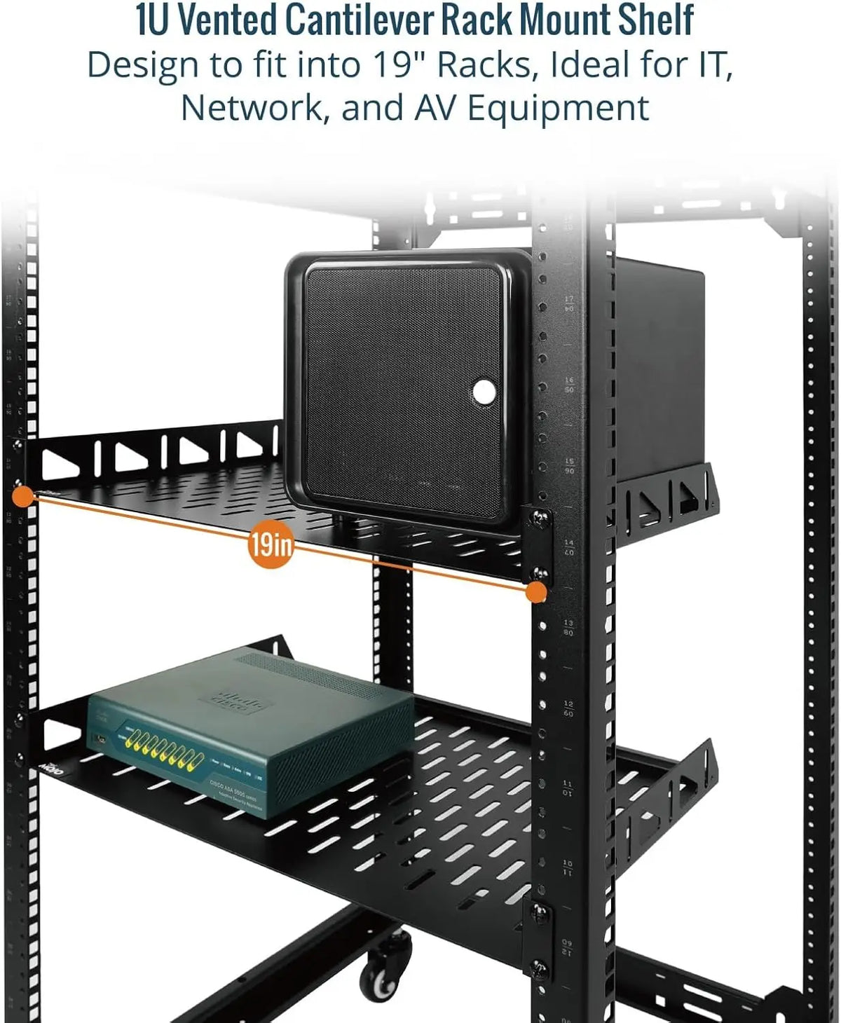 Tecmojo 1U Rack Shelf Mount with Anti-Slip Stops-355.6 mm Deep Vented Cantilever Tray for 19 inch Server Racks &