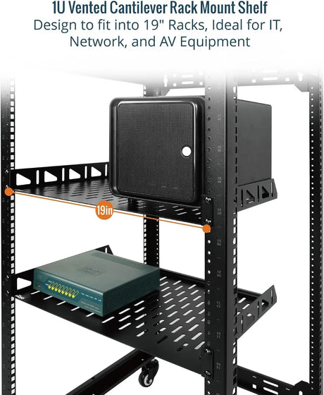 Tecmojo 1U Rack Shelf Mount with Anti-Slip Stops-355.6 mm Deep Vented Cantilever Tray for 19 inch Server Racks &