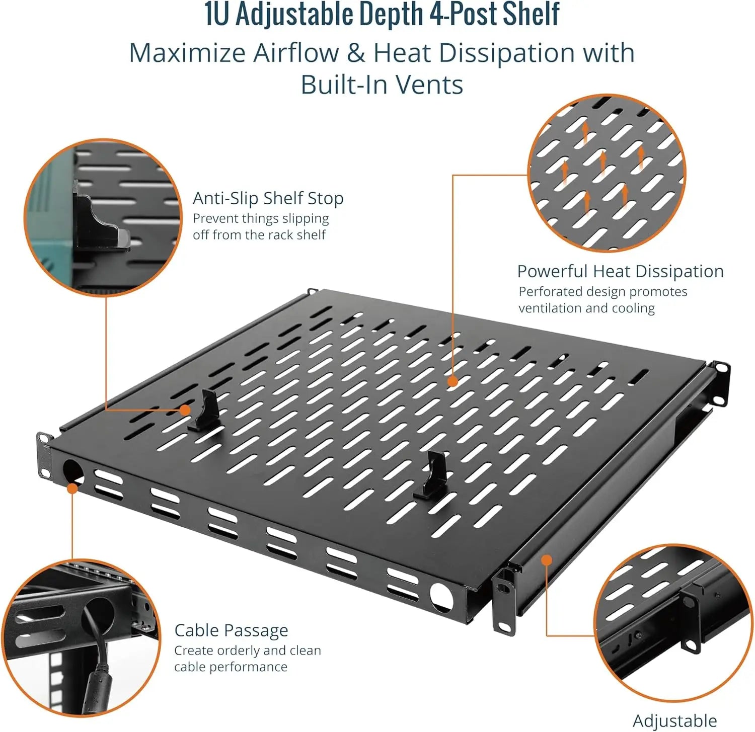 Tecmojo 1U Sliding Rack Shelf with 350mm Deep 4-Post Vented Server Mount Adjustable Range of 350-500mm Support to 50kg