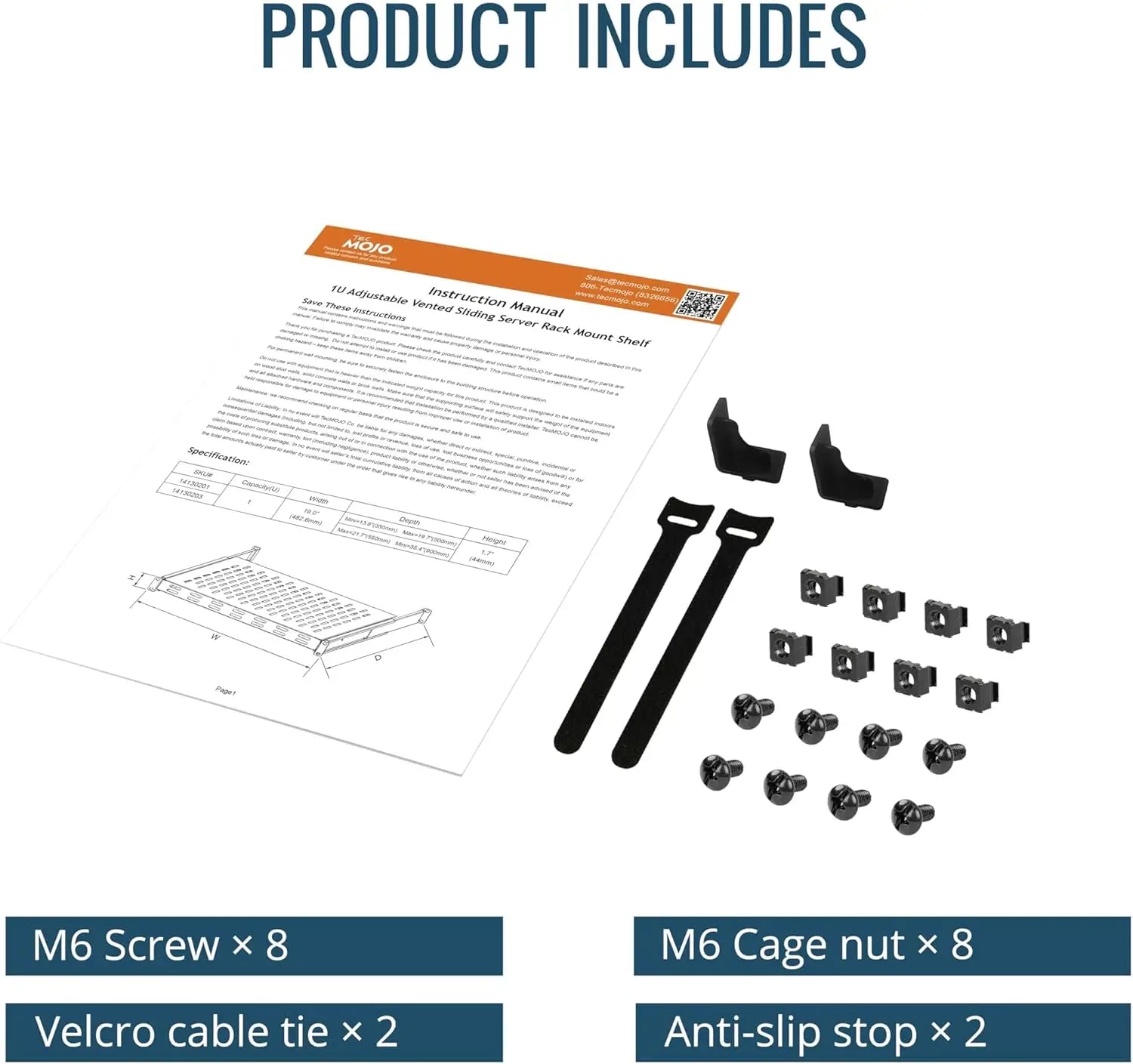 Tecmojo 1U Sliding Rack Shelf with 350mm Deep 4-Post Vented Server Mount Adjustable Range of 350-500mm Support to 50kg