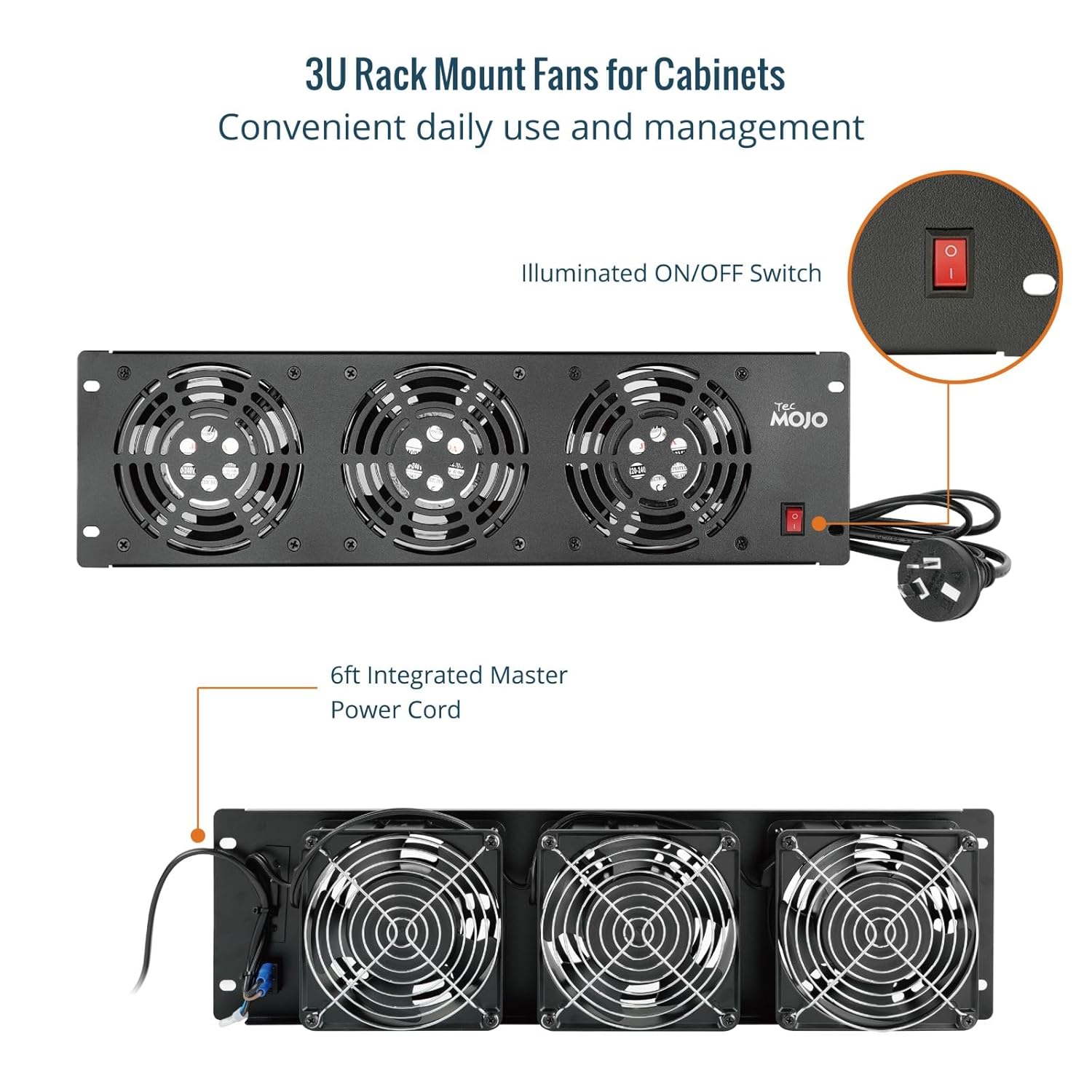 Tecmojo 3U Server Rack Mount Cooling Fan Panels with 3 Fans System Exhaust Airflow for 19 inch Cabinet Vertical Assemble