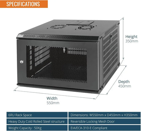 Tecmojo 6RU Wall Mount Network Cabinet Data Server Rack Enclosure with Lockable Mesh Door and Side Panels 50 kg /110