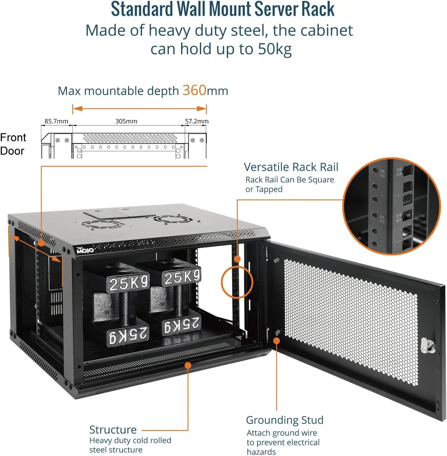 Tecmojo 6RU Wall Mount Network Cabinet Data Server Rack Enclosure with Lockable Mesh Door and Side Panels 50 kg /110