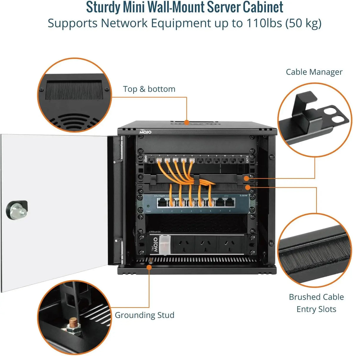 Tecmojo 6U Server Cabinet Wall Mount 10 inch 330mm Depth Network with Rack Shelf Brush Panels Cable Organizer for Small