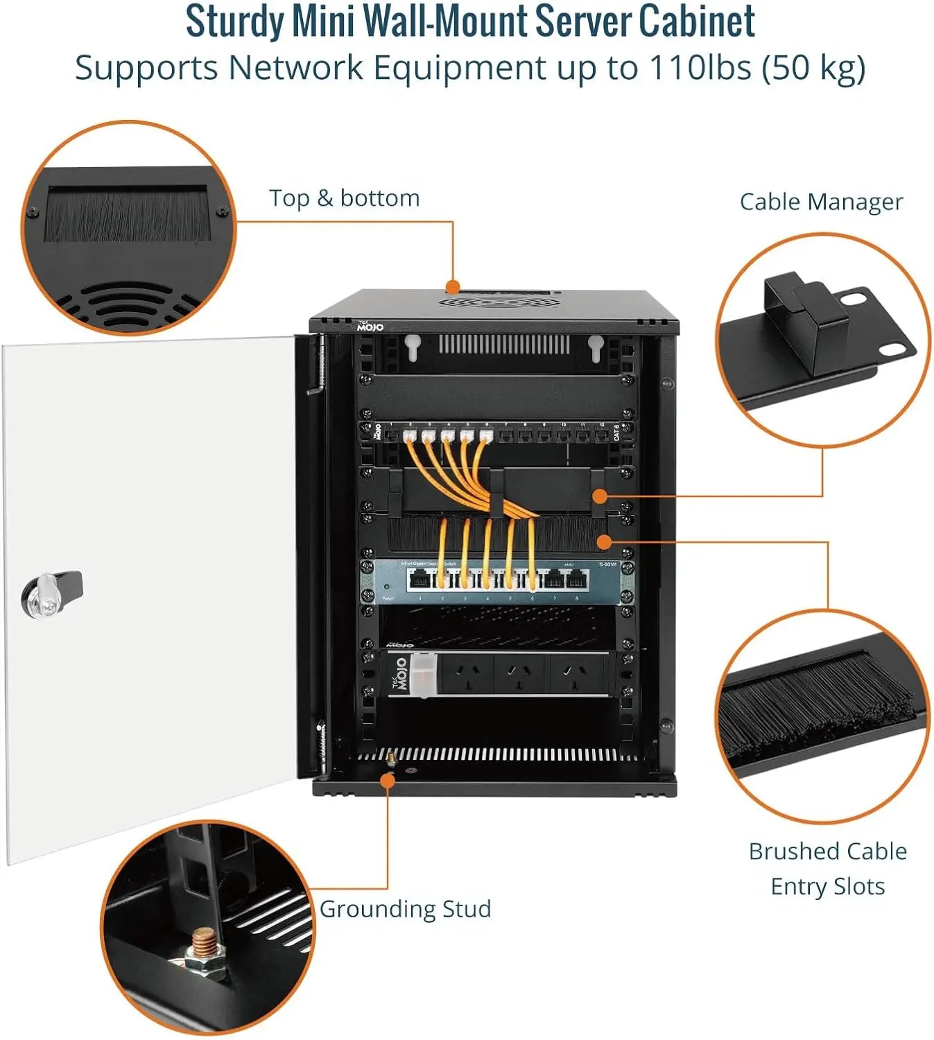 Tecmojo 9U Server Cabinet Wall Mount 10 inch 330mm Depth Network with Rack Shelf Brush Panels Cable Organizer for Small
