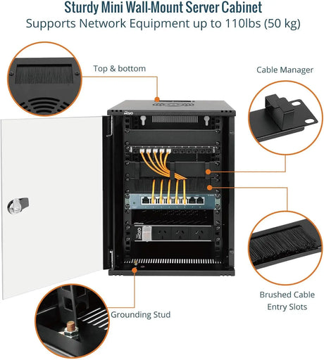 Tecmojo 9U Server Cabinet Wall Mount 10 inch 330mm Depth Network with Rack Shelf Brush Panels Cable Organizer for Small