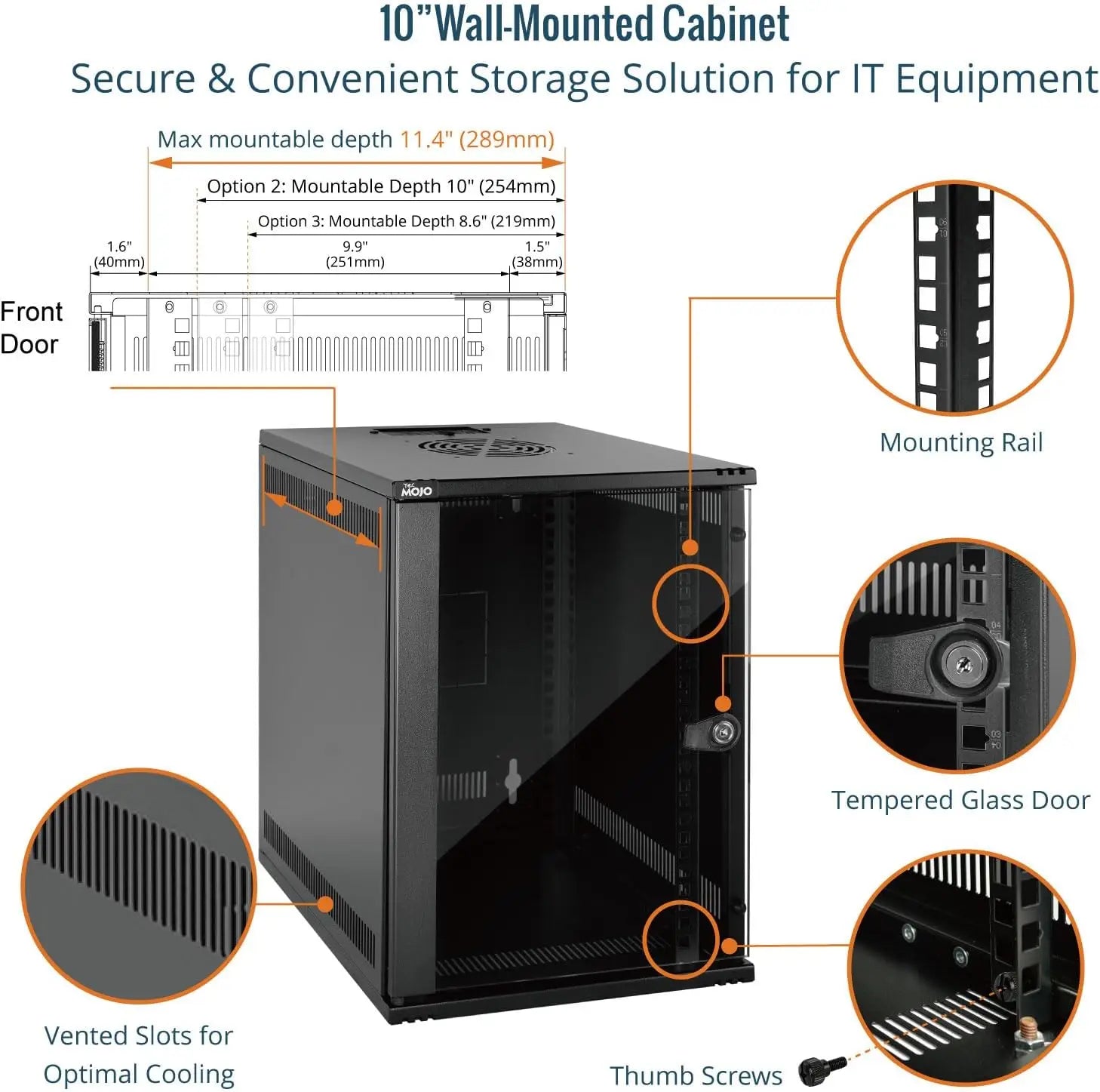 Tecmojo 9U Server Cabinet Wall Mount 10 inch 330mm Depth Network with Rack Shelf Brush Panels Cable Organizer for Small