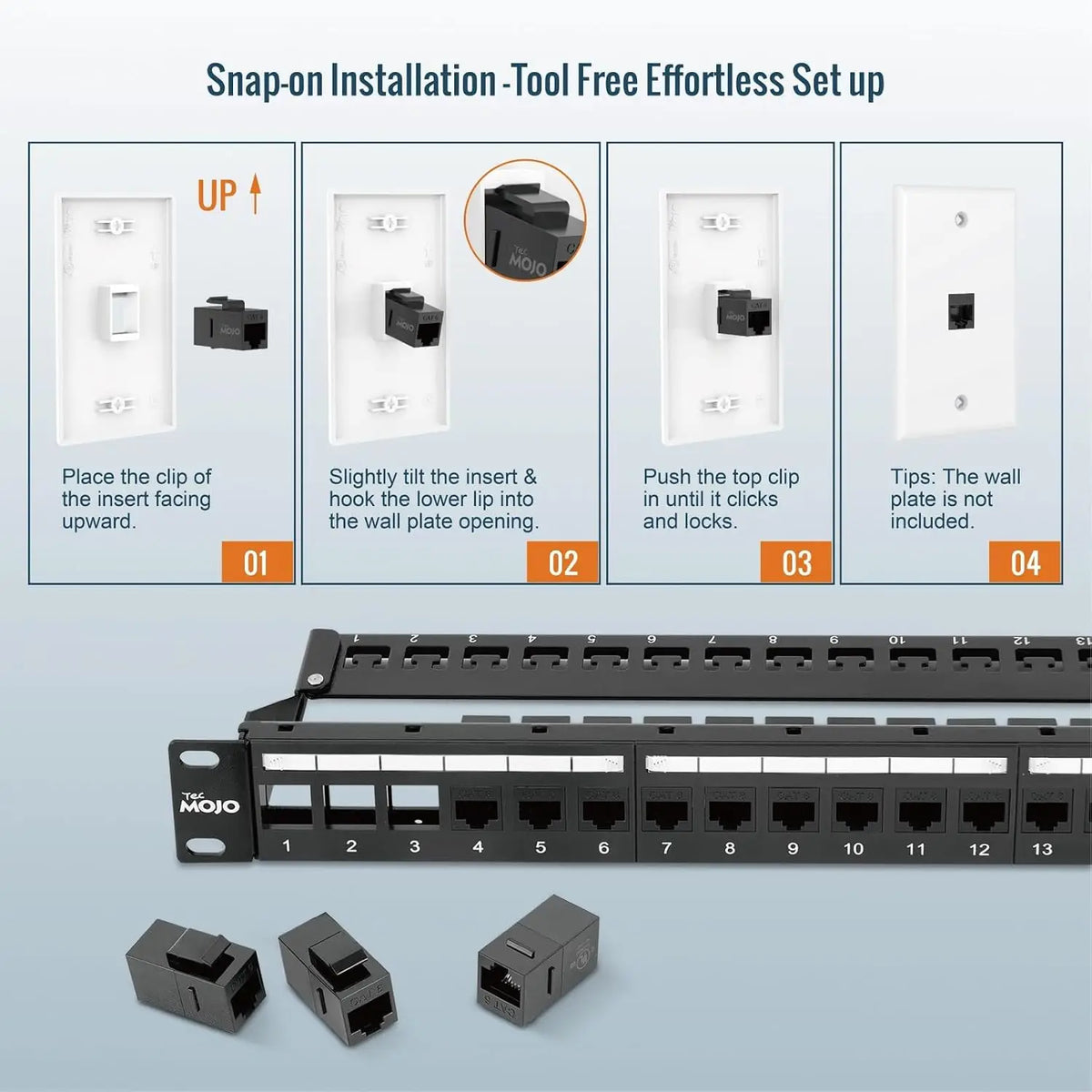 Tecmojo Cat6 RJ45 Keystone Coupler 25 Pack 1Gbps Jack 90 Degree Punch Down Ethernet Inline Connector for Wall Plate &