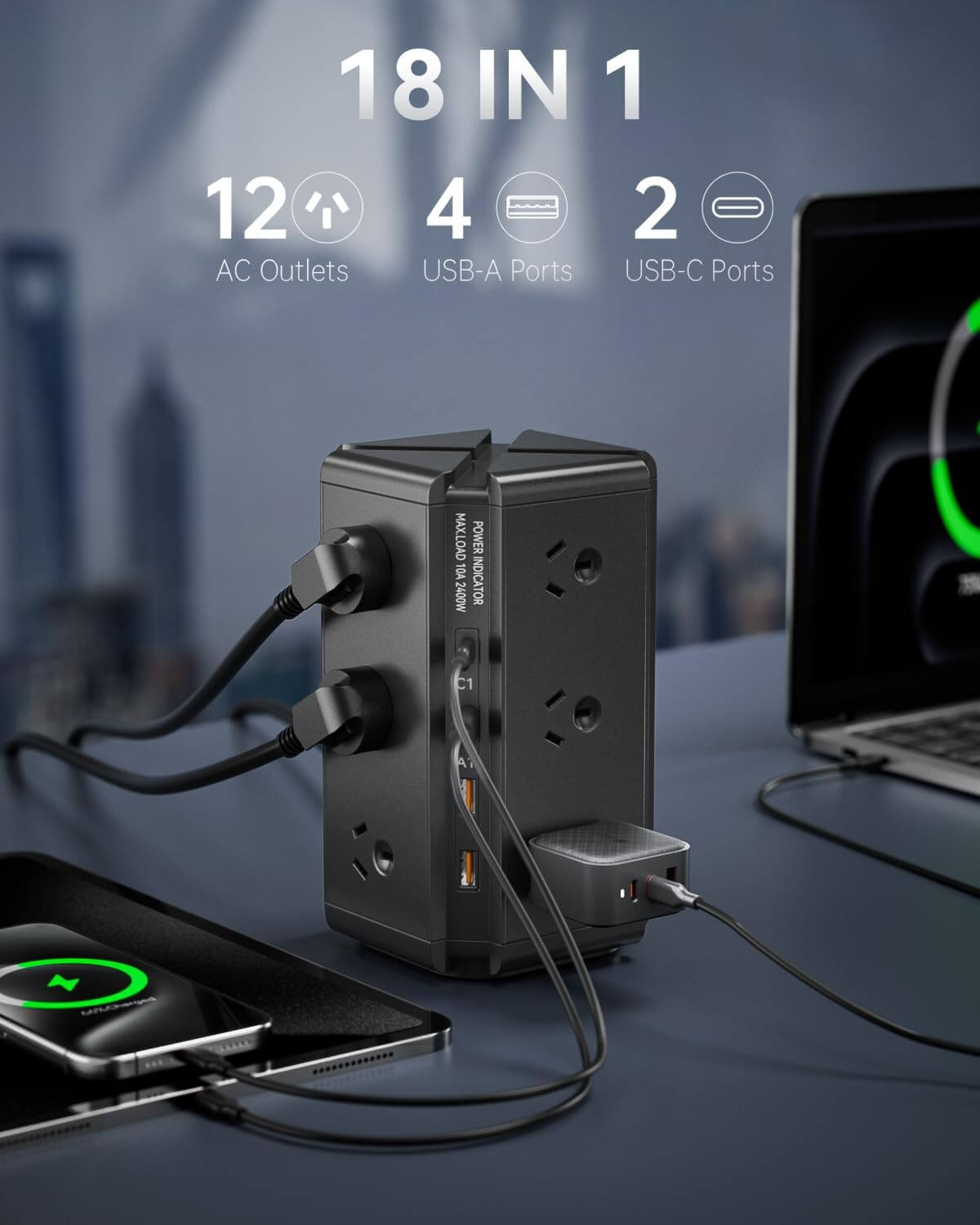 Tower Power Strip - USB C Powerboard Surge Protector 12-Outlet 24W(Max) Power Board with 4-USB & 2 USB-C & 1.8M