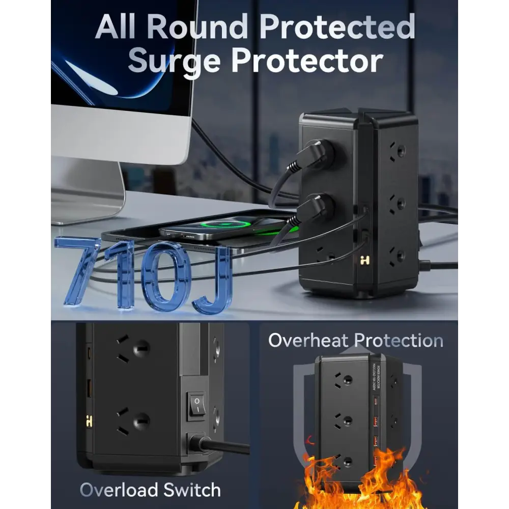 Tower Power Strip - USB C Powerboard Surge Protector 12-Outlet 24W(Max) Board with 4-USB & 2 USB-C 1.8M Extention Cord