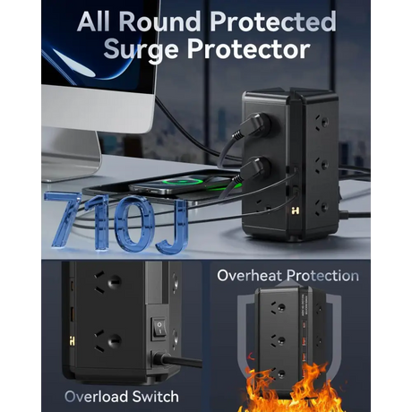 Tower Power Strip - USB C Powerboard Surge Protector 12-Outlet 24W(Max) Board with 4-USB & 2 USB-C 1.8M Extention Cord