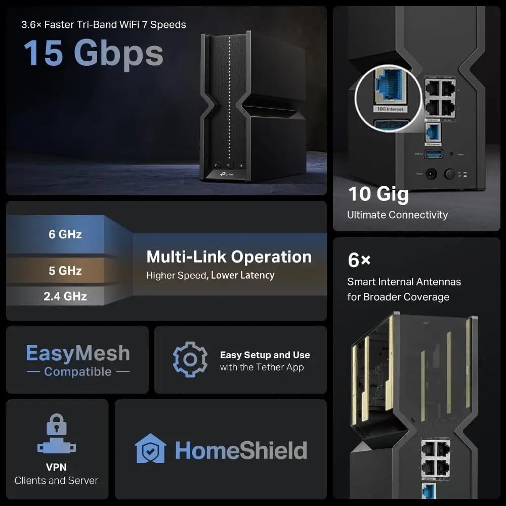 TP-Link Archer BE700 BE15000 Tri Band Wi-Fi 7 Router 320 MHz 320MHz MLO