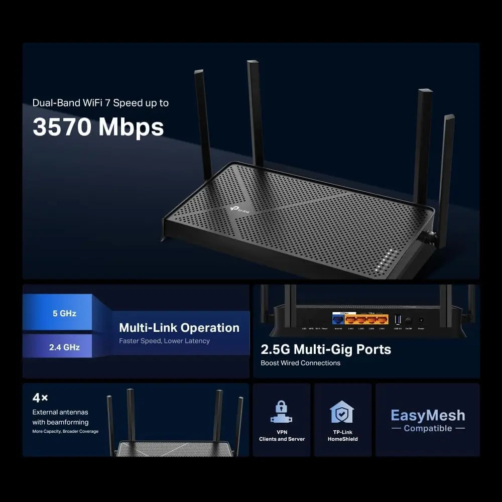 TP-Link BE3600 Dual-Band Wi-Fi 7 Router Wireless & Wired up to 3.6Gbps 2.5G Multi-Gigabit Ports MLO Gaming Streaming