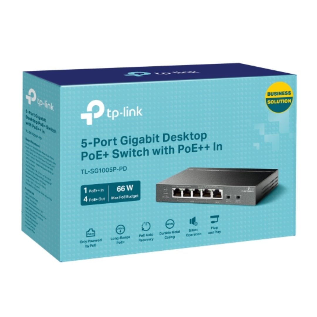 TP-Link TL-SG1005P-PD 5-Port Gigabit Desktop PoE+ Switch with 1-Port PoE++ In 4-Port Out Metal Case Long Range 250M Up