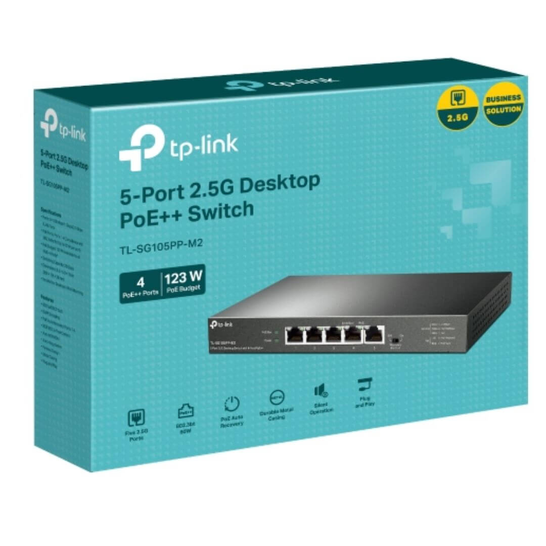 TP-Link TL-SG105PP-M2 5-Port 2.5G Desktop Switch with 4-Port PoE++ 4× 2.5G PoE++ Ports 1x 2.5G Non-PoE Port PoE Auto