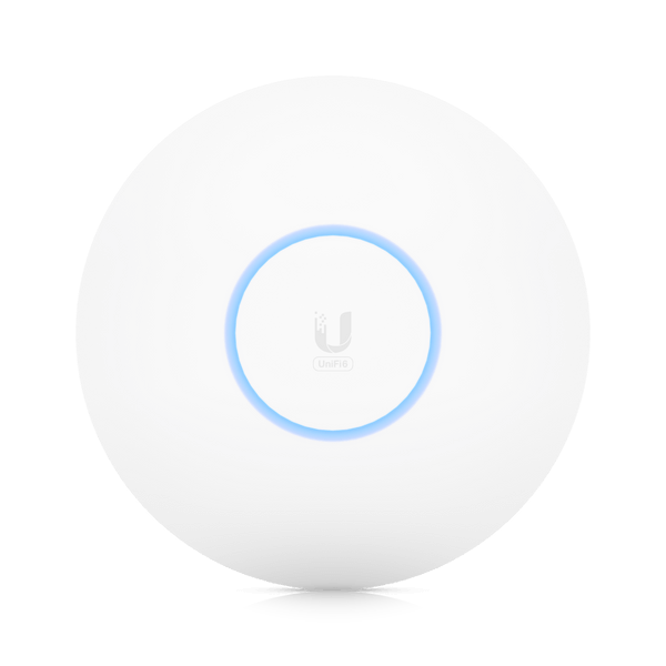 Ubiquiti UniFi Wi-Fi 6 Pro Access Point front view with an illuminated LED ring, designed for high-performance networking.