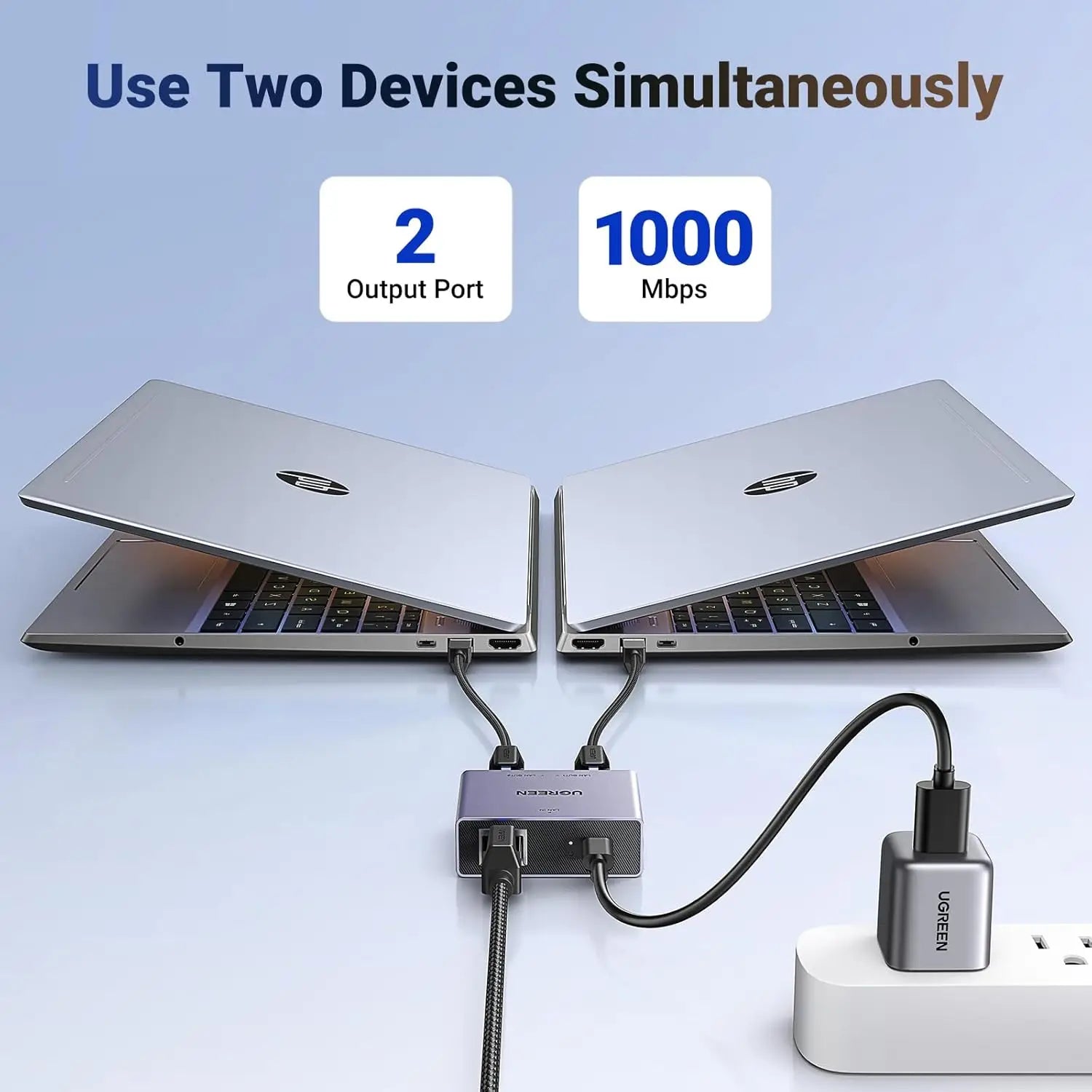 UGREEN 1 in 2 Out Ethernet Splitter Aluminum Gigabit Network Port LAN Internet Adapter with USB C Charging Cable Plug
