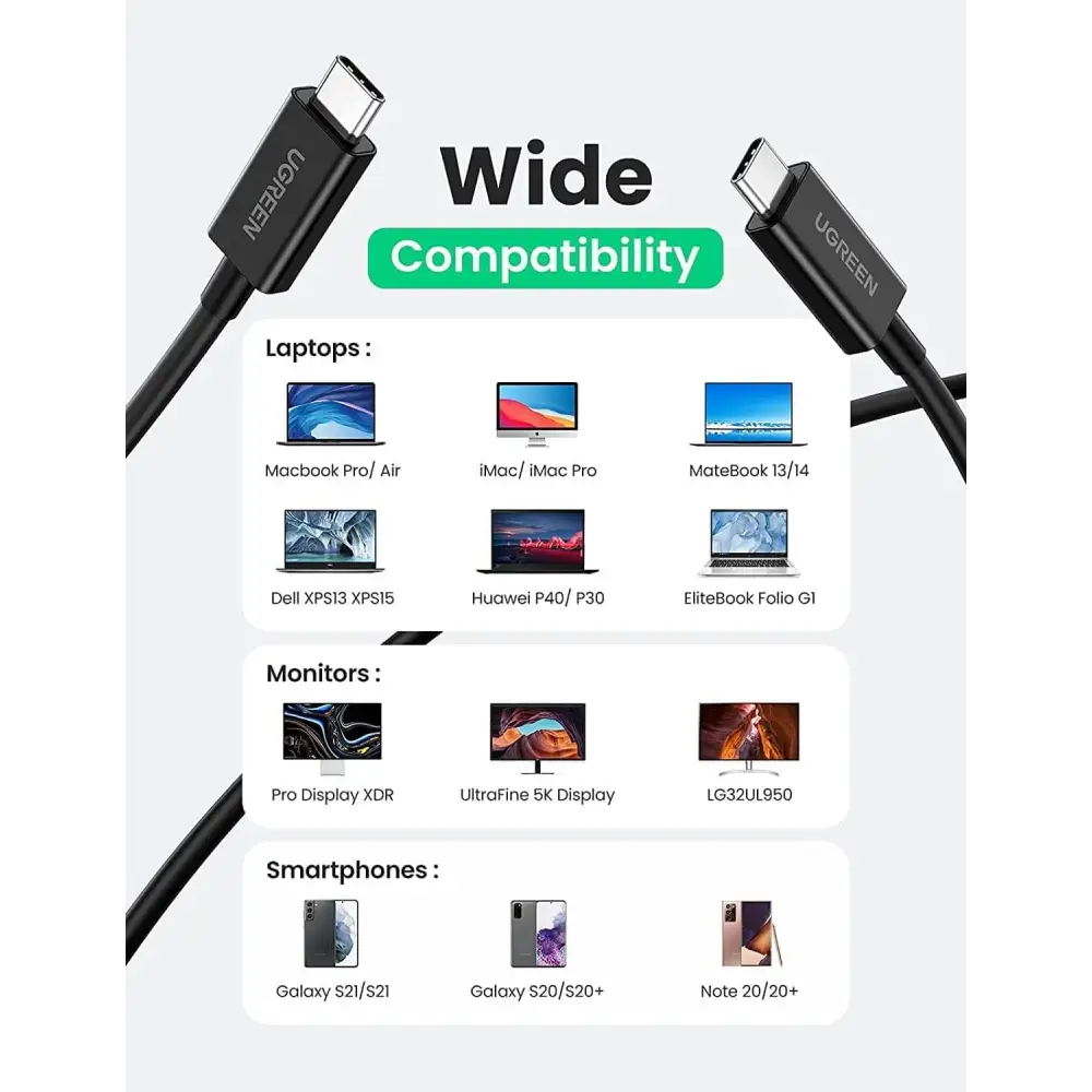 UGREEN 100W Thunderbolt 4 Cable Fast Charging Intel Certified 40Gbps Data Transfer 8K@60Hz Video Output Compatible