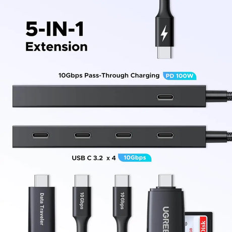 UGREEN 10Gbps USB C Hub with 100W PD Powered Type Splitter 4 3.2 Gen 2 Ports Multiport Adapter Extender Compatible PC