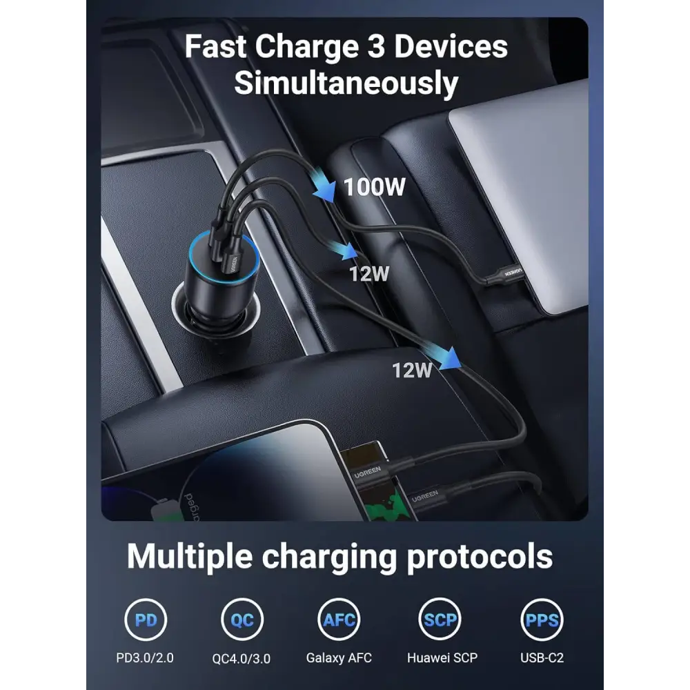 UGREEN 130W USB C Car Charger 3 Port PD3.0/QC4.0/PPS 45W with LED Light Compatible MacBook iPad iPhone 16 15 14 Galaxy