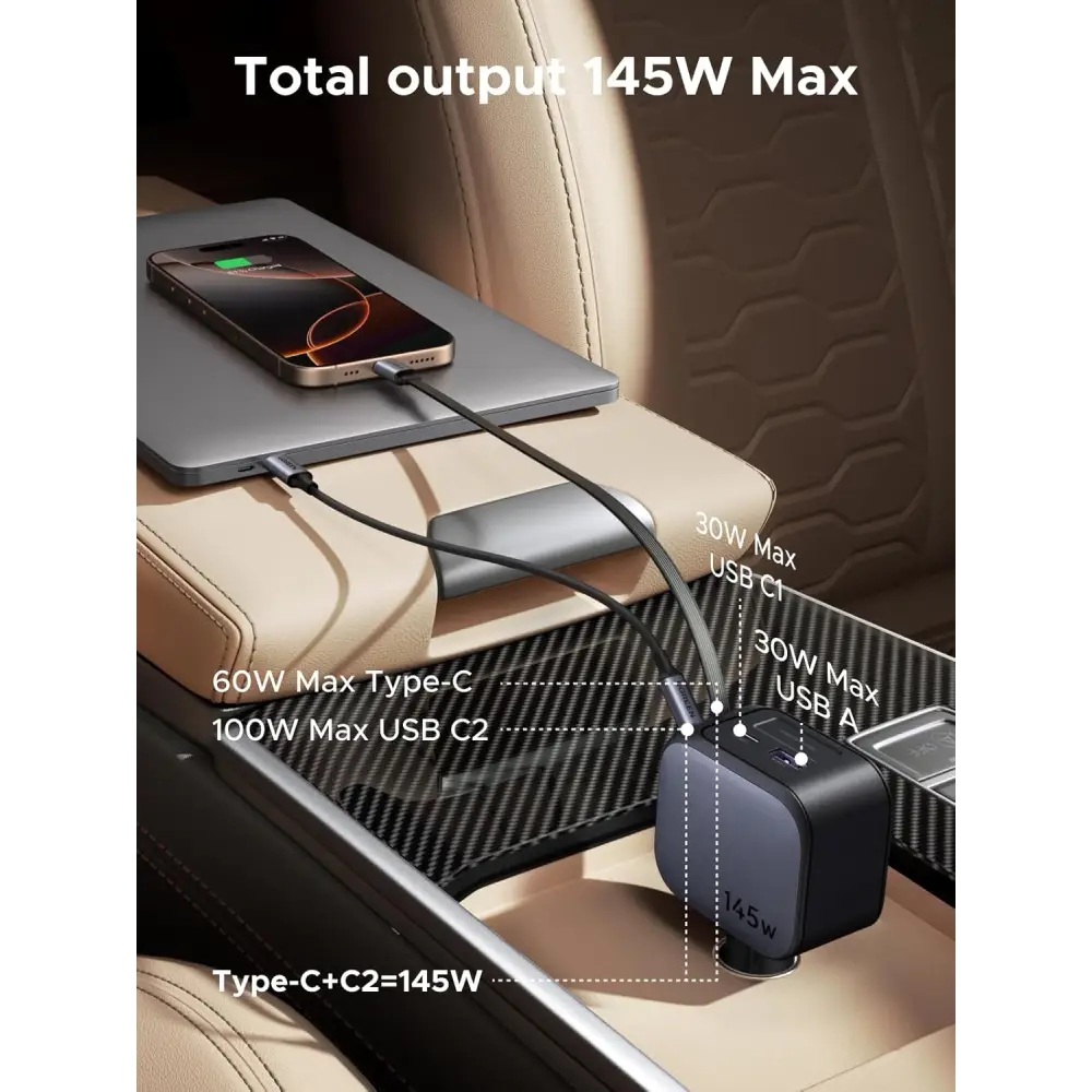 UGREEN 145W Retractable Car Charger Fast Charge Cigarette Lighter USB with 60W Cable 4-Port Accessories Compatible