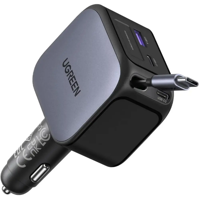 UGREEN 145W Retractable Car Charger Fast Charge Cigarette Lighter USB with 60W Cable 4-Port Accessories Compatible