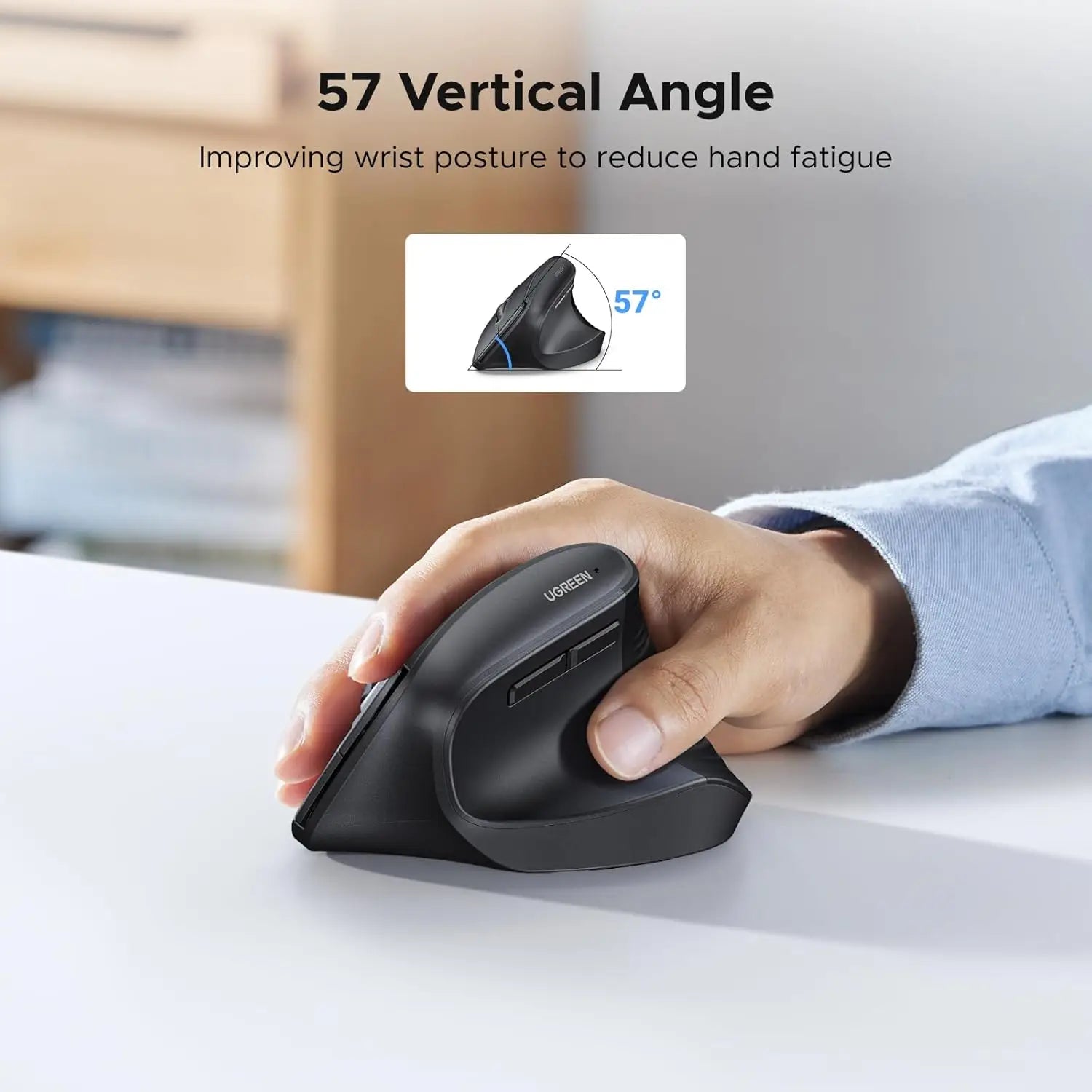 UGREEN 2.4GHz Wireless Ergonomic Vertical Mouse 4000DPI Optical Tracking 57° Angle 6 Buttons 12-Month Battery Life 4