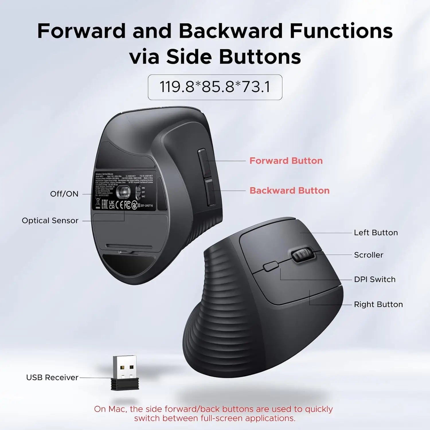 UGREEN 2.4GHz Wireless Ergonomic Vertical Mouse 4000DPI Optical Tracking 57° Angle 6 Buttons 12-Month Battery Life 4