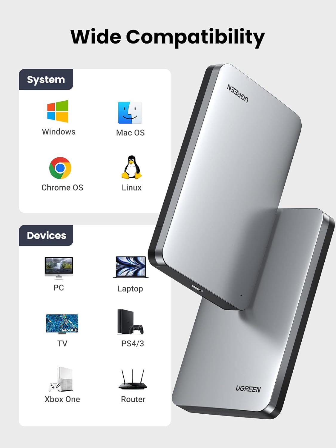 UGREEN 2.5’’ USB C to SATA III Hard Drive Enclosure 6Gbps Aluminum Case Adapter Support UASP & Trim Compatible