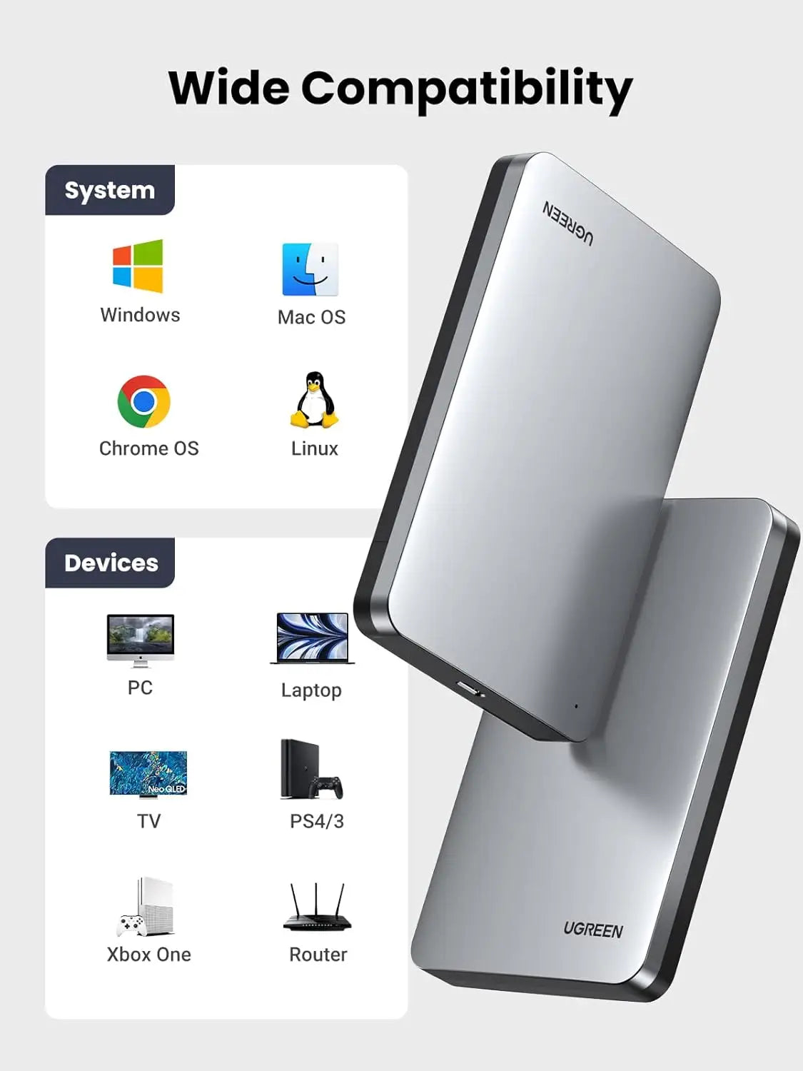 UGREEN 2.5’’ USB C to SATA III Hard Drive Enclosure 6Gbps Aluminum Case Adapter Support UASP & Trim Compatible
