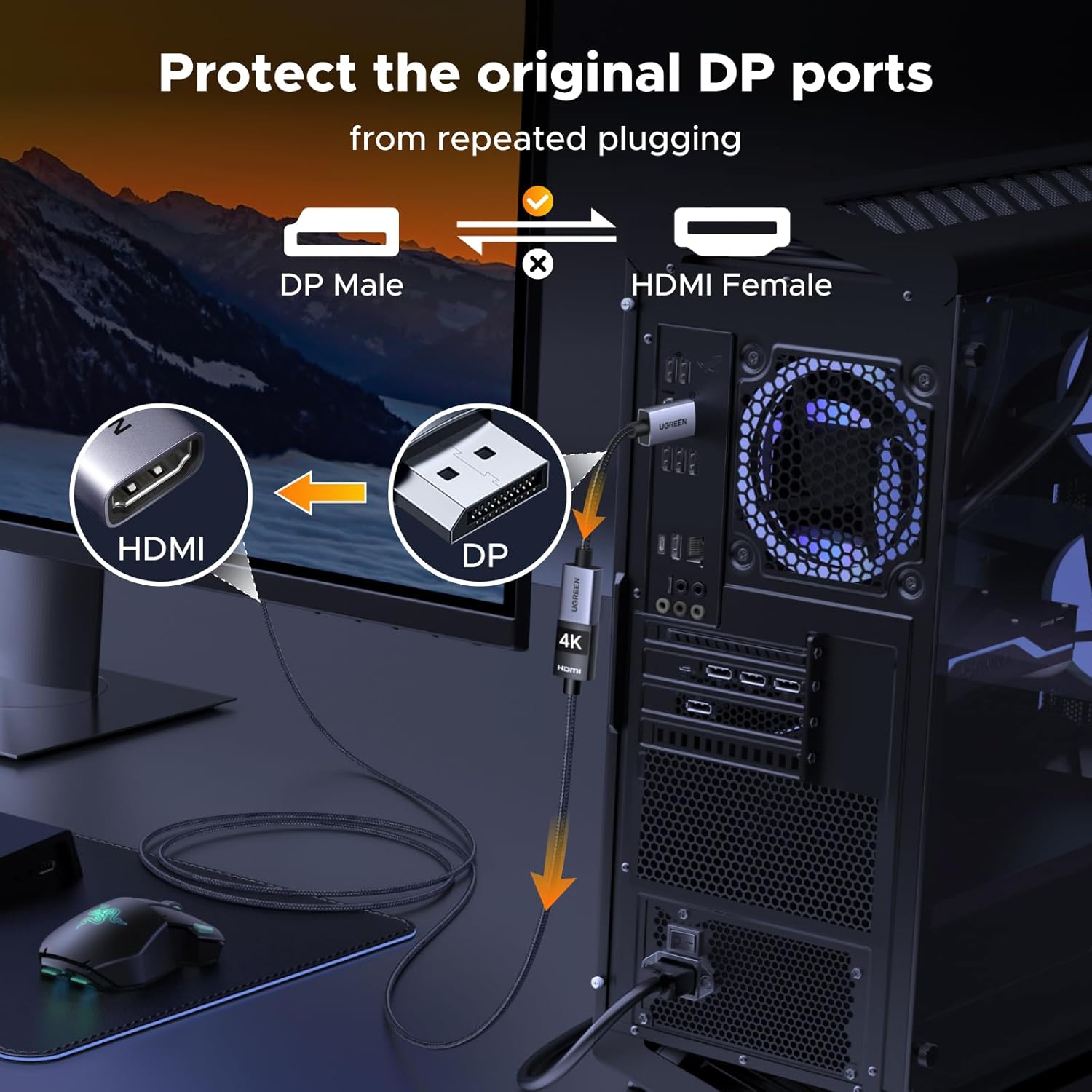 UGREEN 2 Pack DisplayPort to HDMI Adapter 4K Unidirectional DP 1.2 1.4 Converter Braided Cable Male Female for Desktop