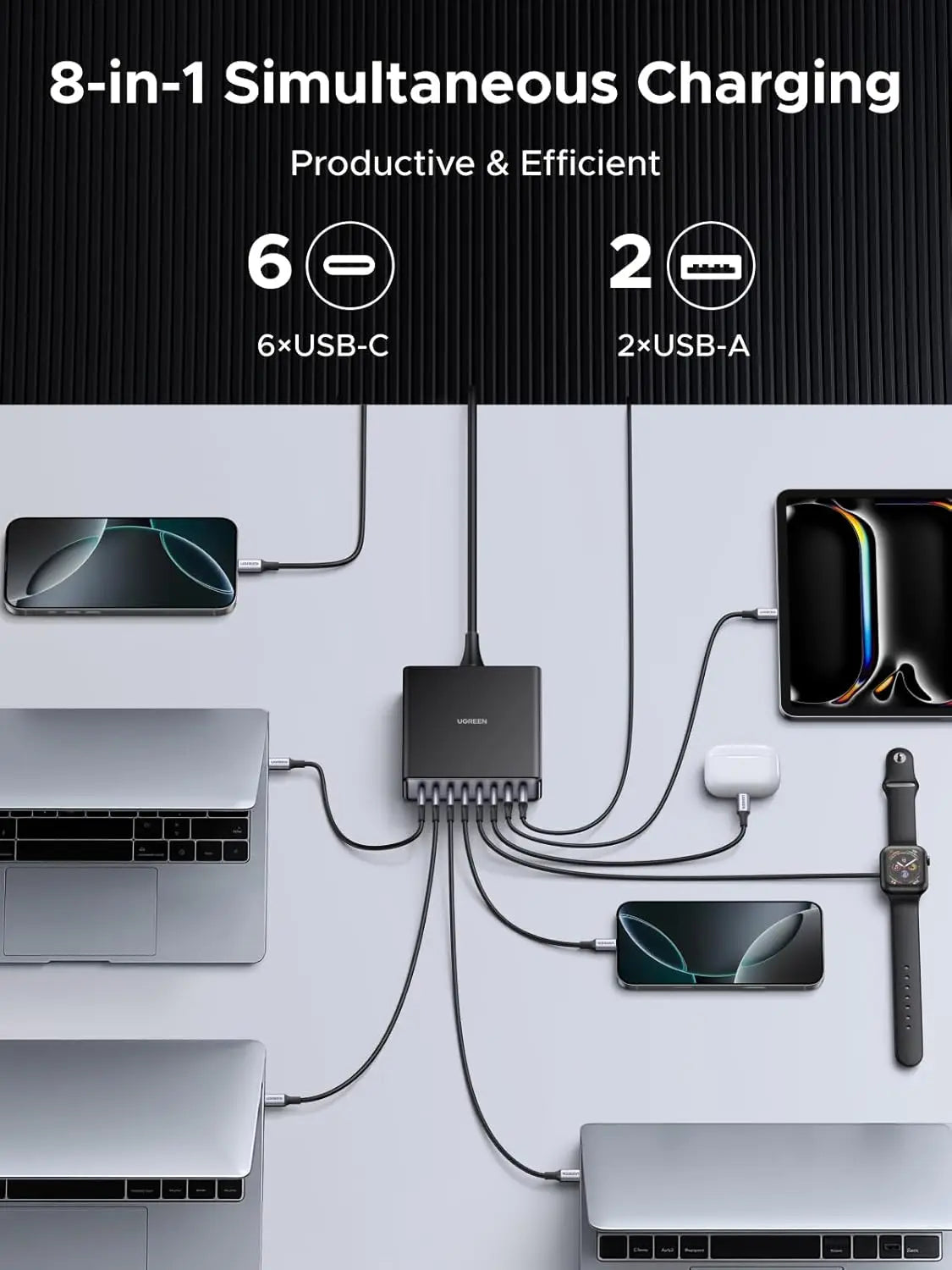 UGREEN 200W USB C Charger Nexode 8 Ports Charging Station Laptop GaN II Power Adapter 100W Fast Charge Block