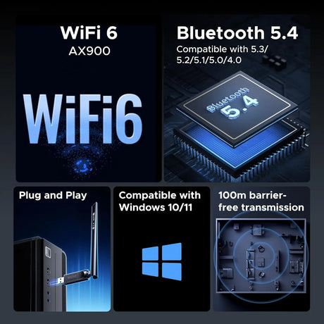 UGREEN AX900 + Bluetooth 5.4 USB WiFi Adapter Dongle for Desktop PC with 5GHz/2.4GHz Dual Band 6dBi High Gain Antenna